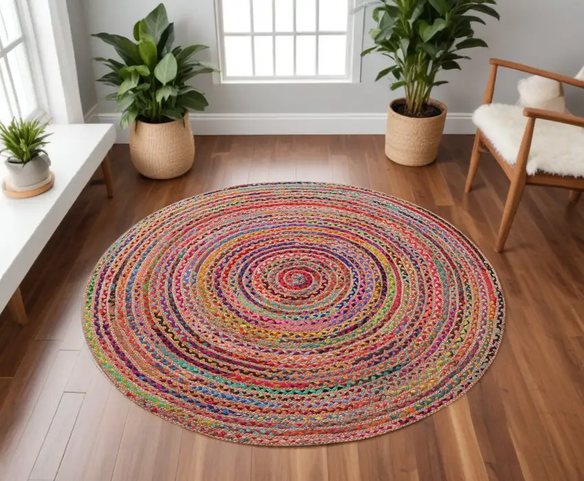 7' Tan Round Geometric Hand Braided Area Rug Photo 1
