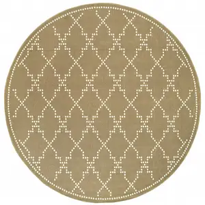 Photo of 8' Tan Round Geometric Stain Resistant Indoor Outdoor Area Rug