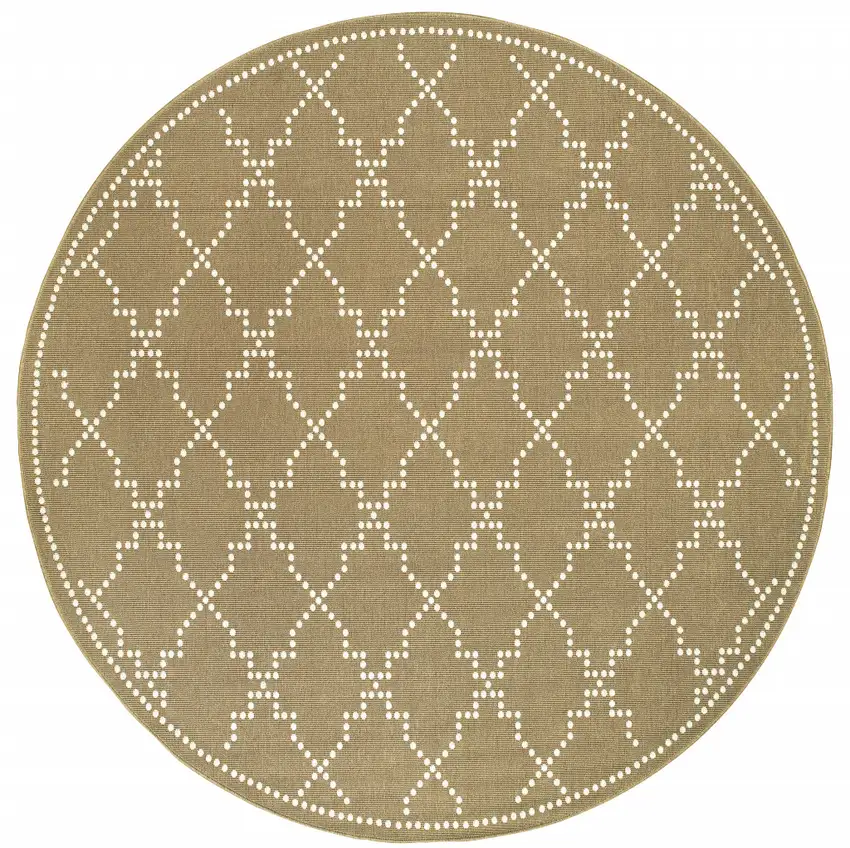 8' Tan Round Geometric Stain Resistant Indoor Outdoor Area Rug Photo 1