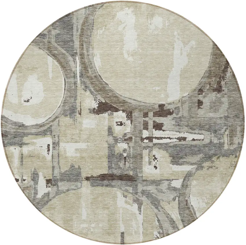 8' Tan Taupe And Beige Round Geometric Washable Indoor Outdoor Area Rug Photo 8