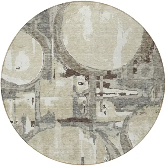 8' Tan Taupe And Beige Round Geometric Washable Indoor Outdoor Area Rug Photo 8