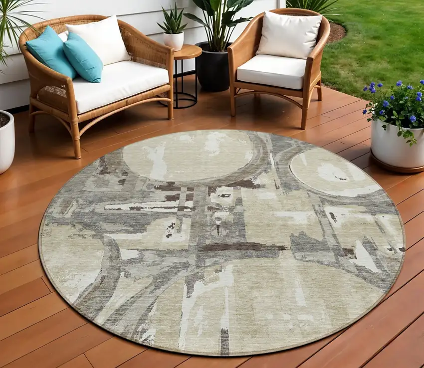 8' Tan Taupe And Beige Round Geometric Washable Indoor Outdoor Area Rug Photo 1