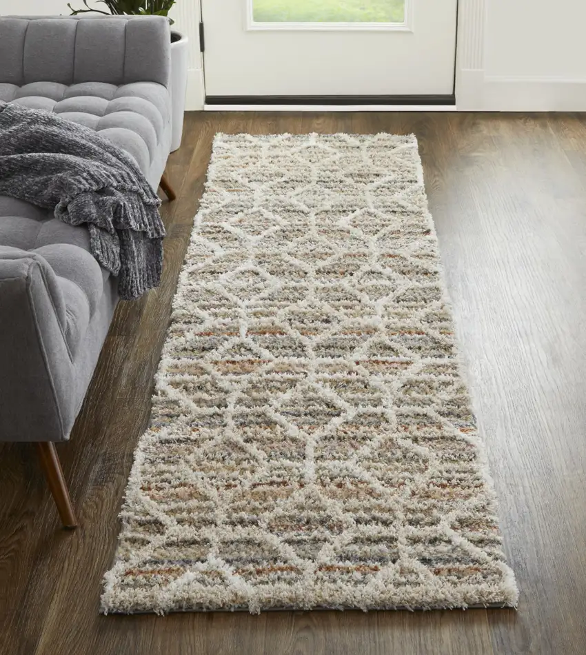 8' Tan Taupe And Ivory Geometric Power Loom Stain Resistant Runner Rug Photo 4