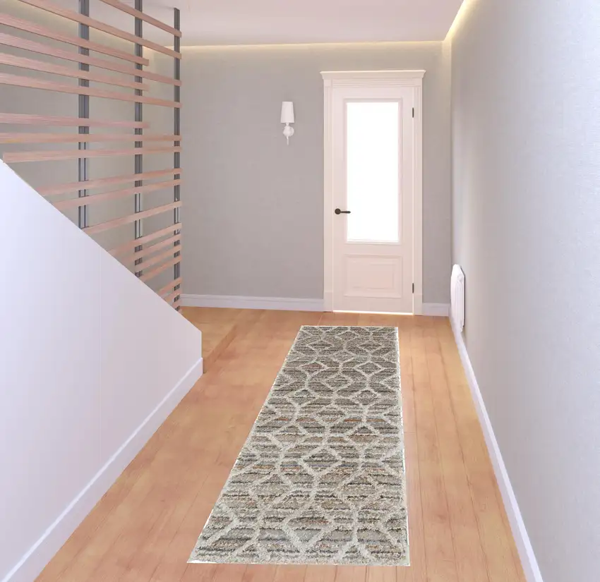 8' Tan Taupe And Ivory Geometric Power Loom Stain Resistant Runner Rug Photo 2