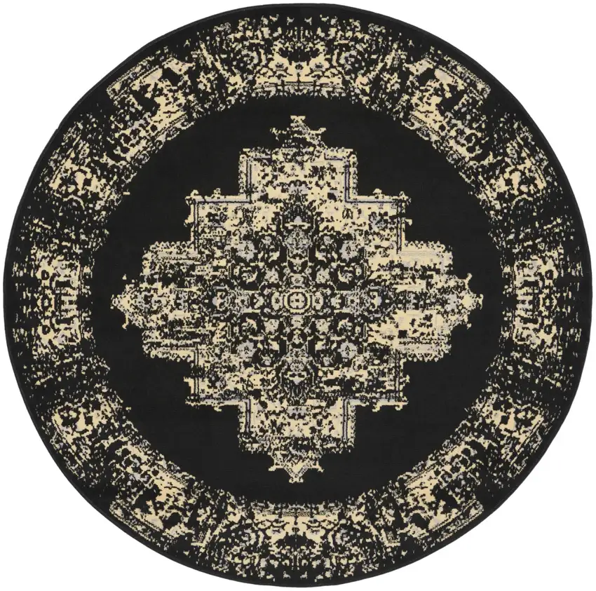 5' Tan and Black Medallion Distressed Non Skid Round Rug Photo 2