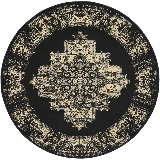 5' Tan and Black Medallion Distressed Non Skid Round Rug Photo 4
