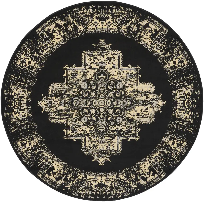 5' Tan and Black Medallion Distressed Non Skid Round Rug Photo 4