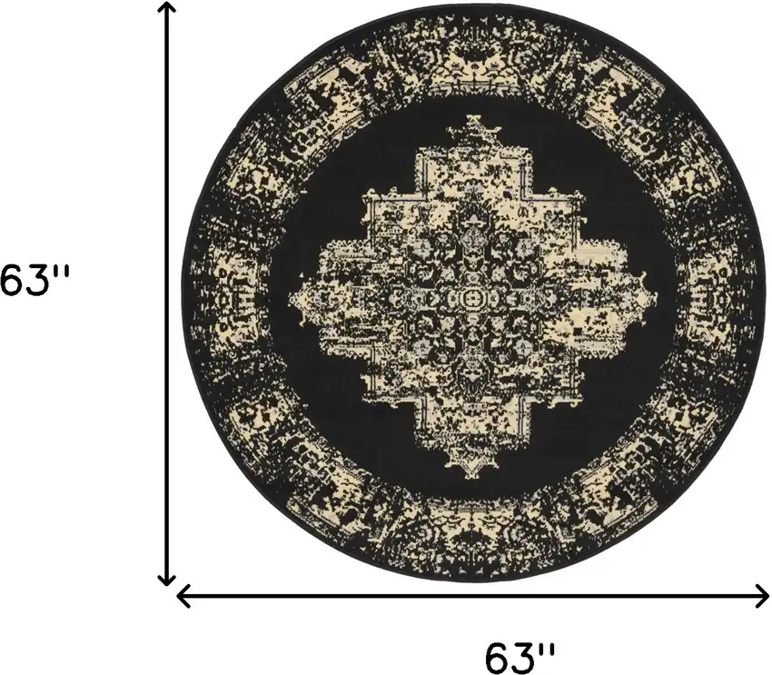 5' Tan and Black Medallion Distressed Non Skid Round Rug Photo 3