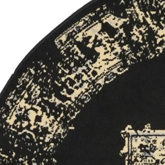 5' Tan and Black Medallion Distressed Non Skid Round Rug Photo 3