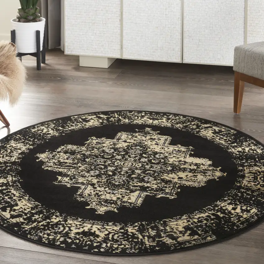 5' Tan and Black Medallion Distressed Non Skid Round Rug Photo 5