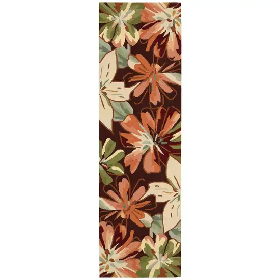 8' Tan and Dark Brown Botanical Leaves Hand Carved Handmade Runner Rug Photo 1