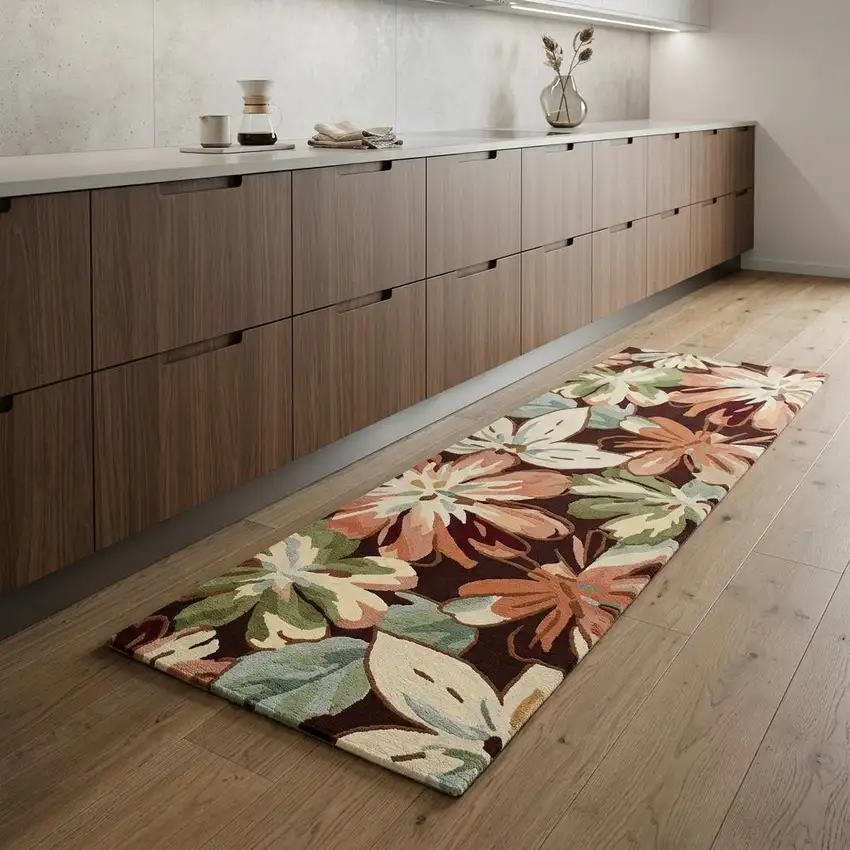 8' Tan and Dark Brown Botanical Leaves Hand Carved Handmade Runner Rug Photo 1