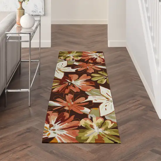 8' Tan and Dark Brown Botanical Leaves Hand Carved Handmade Runner Rug Photo 5