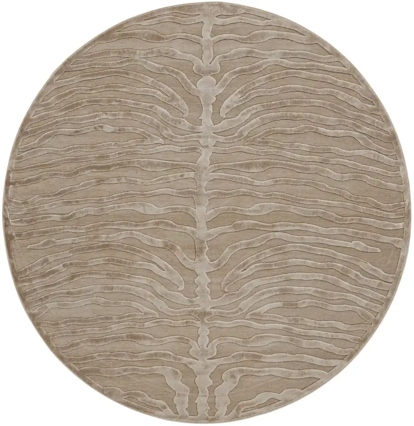 8' Tan and Ivory Animal Print Power Loom Round Rug Photo 2