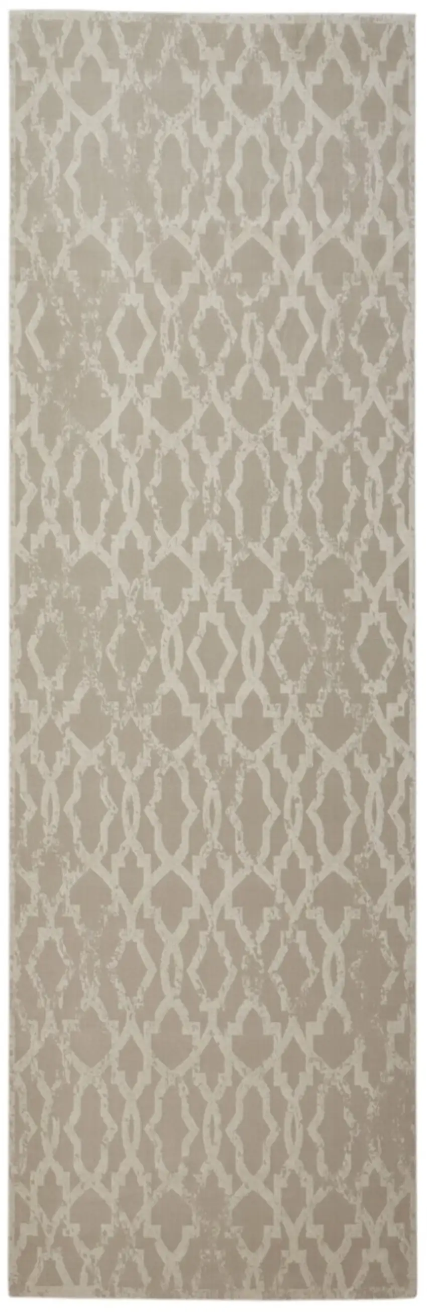 8' Tan and Ivory Geometric Power Loom Worn Faded Runner Rug Photo 1
