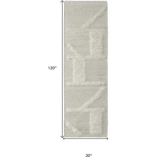 10' Tan and Ivory Wool Geometric Hand Woven Runner Rug Photo 7