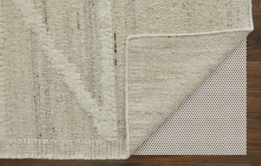 10' Tan and Ivory Wool Geometric Hand Woven Runner Rug Photo 4