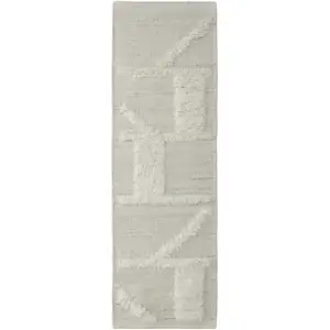 Photo of 10' Tan and Ivory Wool Geometric Hand Woven Runner Rug