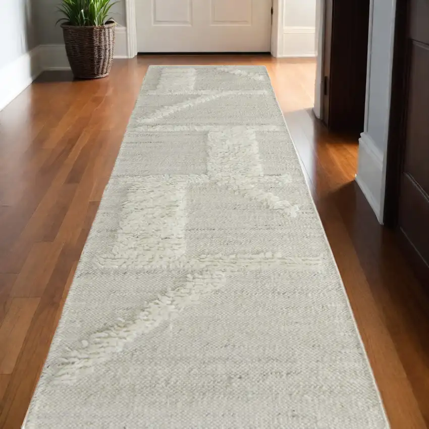 10' Tan and Ivory Wool Geometric Hand Woven Runner Rug Photo 2