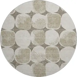 Photo of 8' Taupe And Beige Abstract Geometric Washable Round Rug With UV Protection