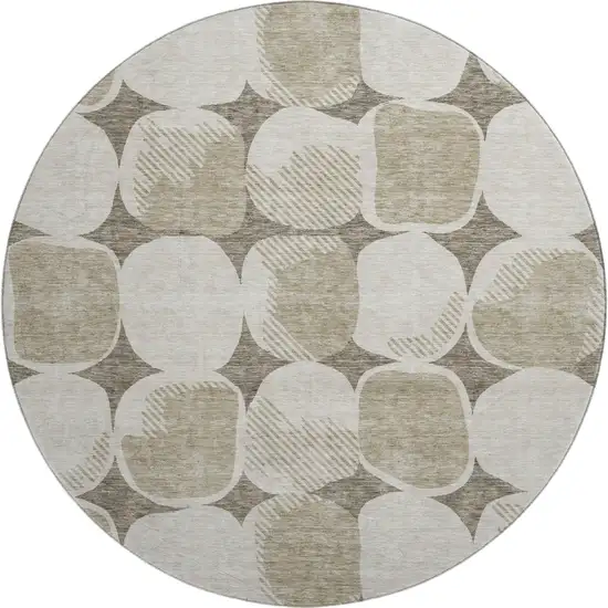 8' Taupe And Beige Abstract Geometric Washable Round Rug With UV Protection Photo 1