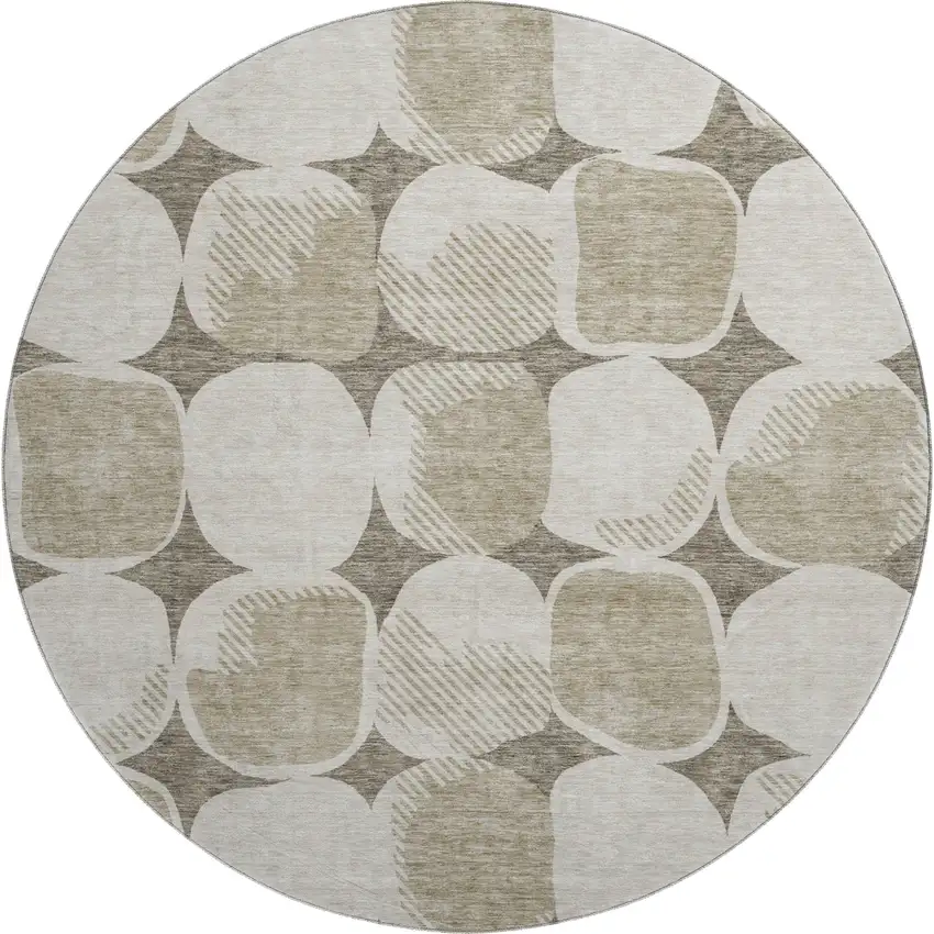 8' Taupe And Beige Abstract Geometric Washable Round Rug With UV Protection Photo 1