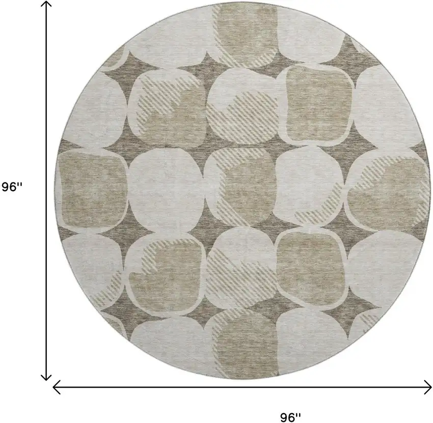 8' Taupe And Beige Abstract Geometric Washable Round Rug With UV Protection Photo 9