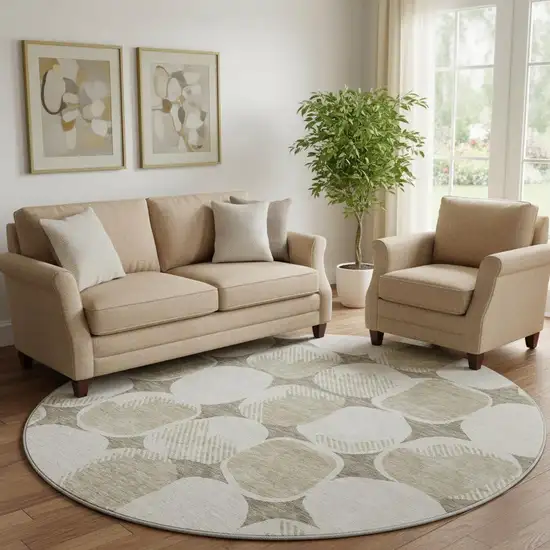 8' Taupe And Beige Abstract Geometric Washable Round Rug With UV Protection Photo 1
