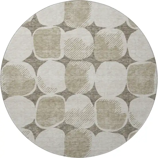8' Taupe And Beige Abstract Geometric Washable Round Rug With UV Protection Photo 3