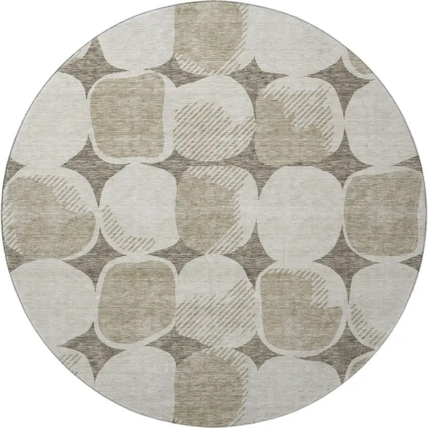 8' Taupe And Beige Abstract Geometric Washable Round Rug With UV Protection Photo 3