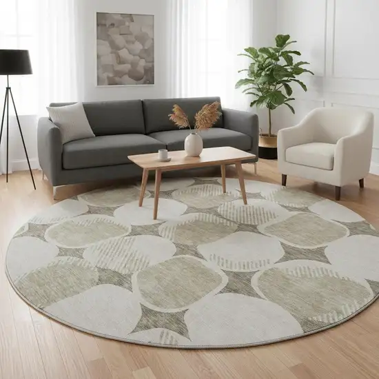 8' Taupe And Beige Abstract Geometric Washable Round Rug With UV Protection Photo 2