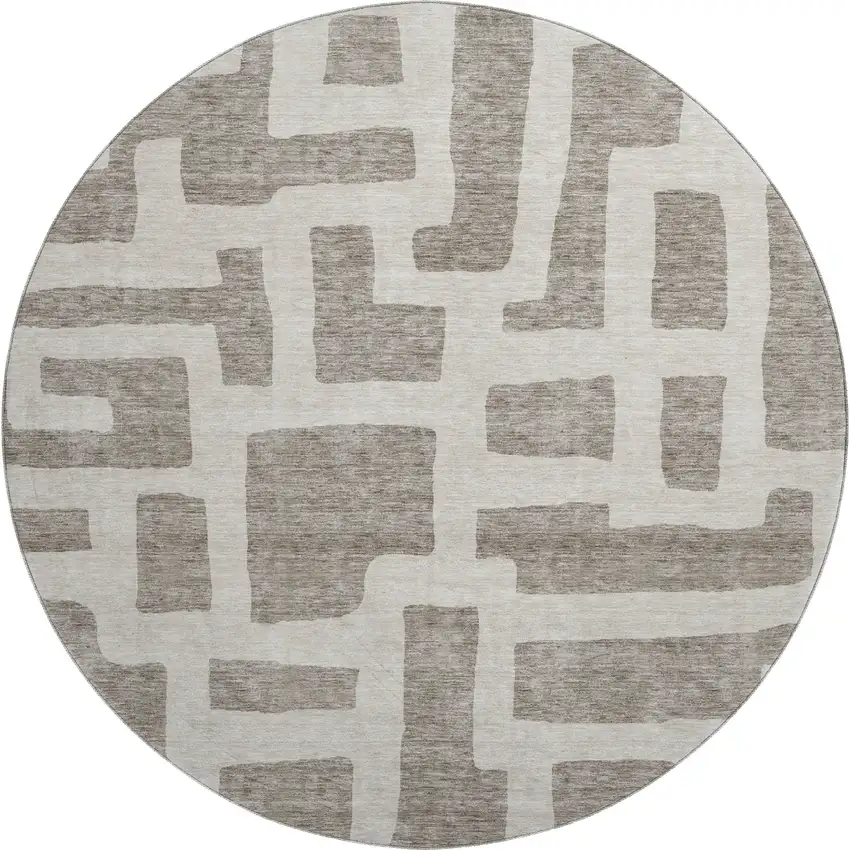 8' Taupe And Beige Abstract Geometric Washable Round Rug With UV Protection Photo 1