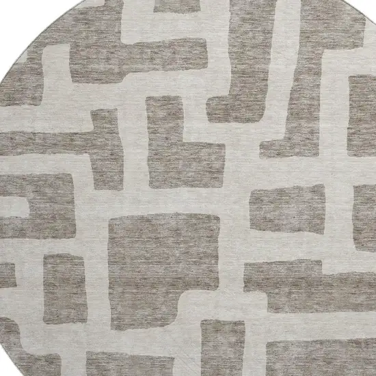8' Taupe And Beige Abstract Geometric Washable Round Rug With UV Protection Photo 3