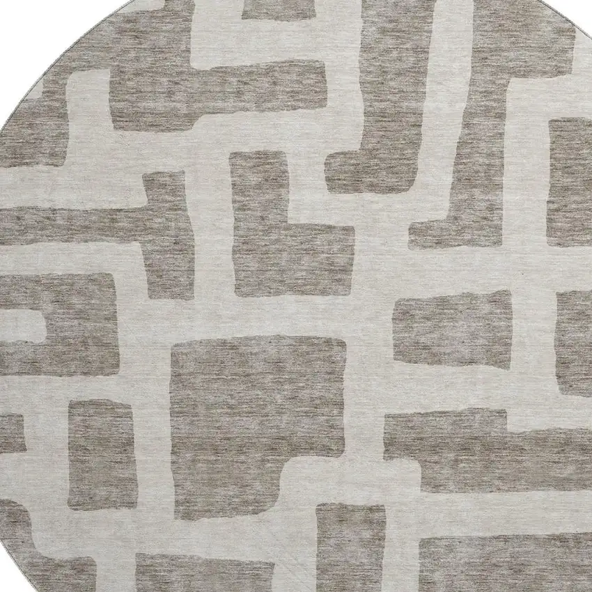 8' Taupe And Beige Abstract Geometric Washable Round Rug With UV Protection Photo 3