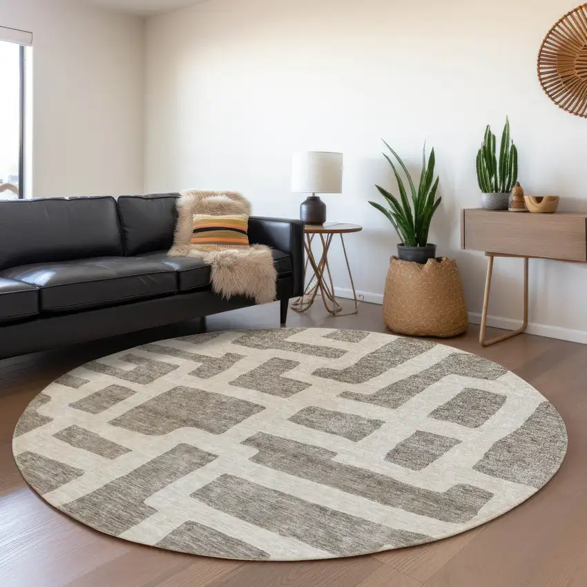 8' Taupe And Beige Abstract Geometric Washable Round Rug With UV Protection Photo 5