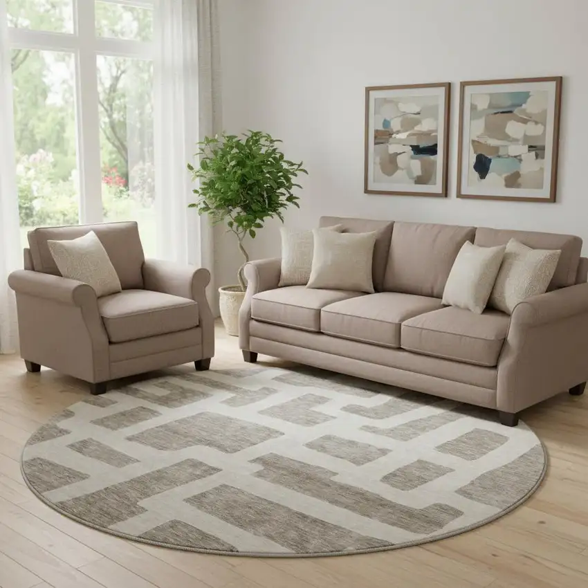 8' Taupe And Beige Abstract Geometric Washable Round Rug With UV Protection Photo 1