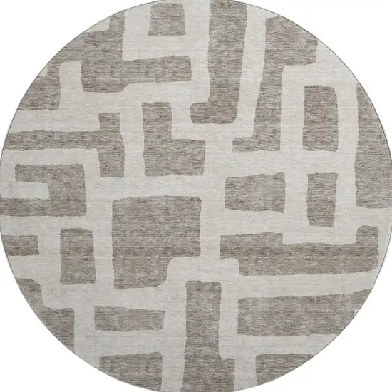 8' Taupe And Beige Abstract Geometric Washable Round Rug With UV Protection Photo 4
