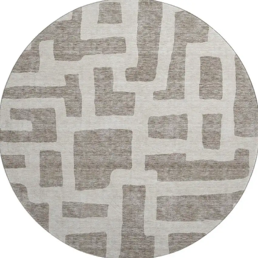 8' Taupe And Beige Abstract Geometric Washable Round Rug With UV Protection Photo 4