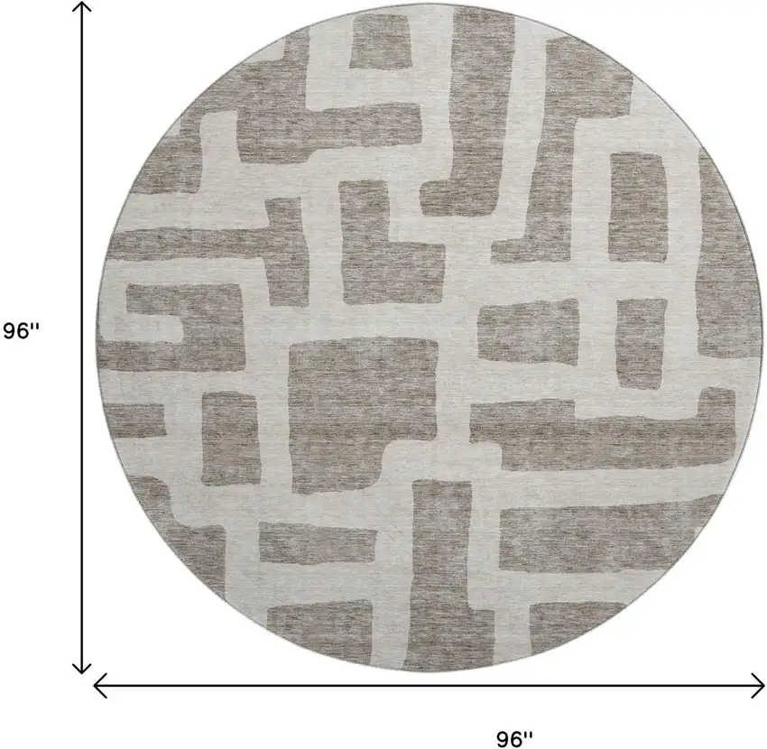 8' Taupe And Beige Abstract Geometric Washable Round Rug With UV Protection Photo 3
