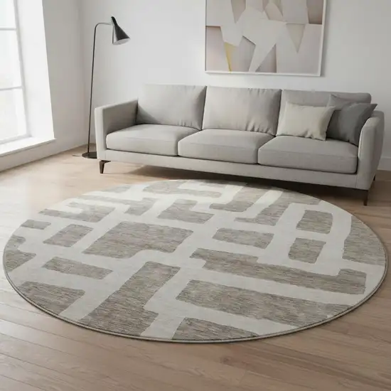 8' Taupe And Beige Abstract Geometric Washable Round Rug With UV Protection Photo 2