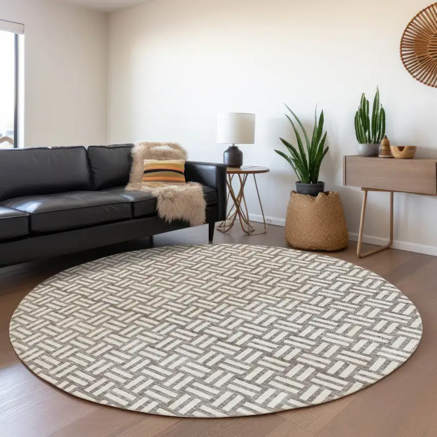 8' Taupe And Beige Abstract Geometric Washable Round Rug With UV Protection Photo 4