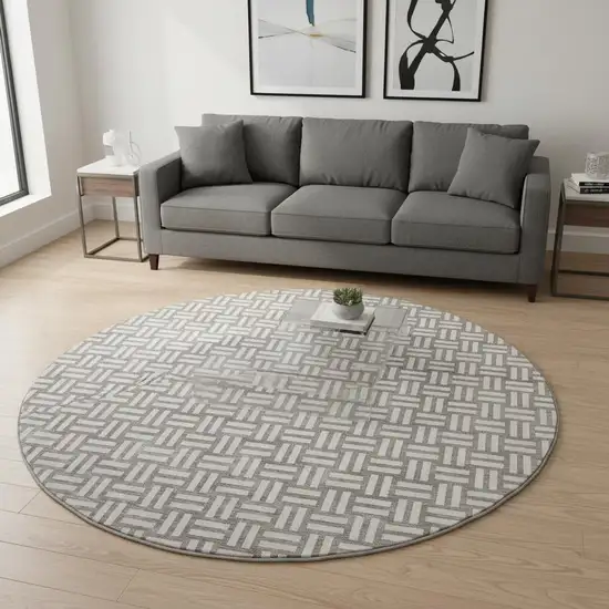 8' Taupe And Beige Abstract Geometric Washable Round Rug With UV Protection Photo 2