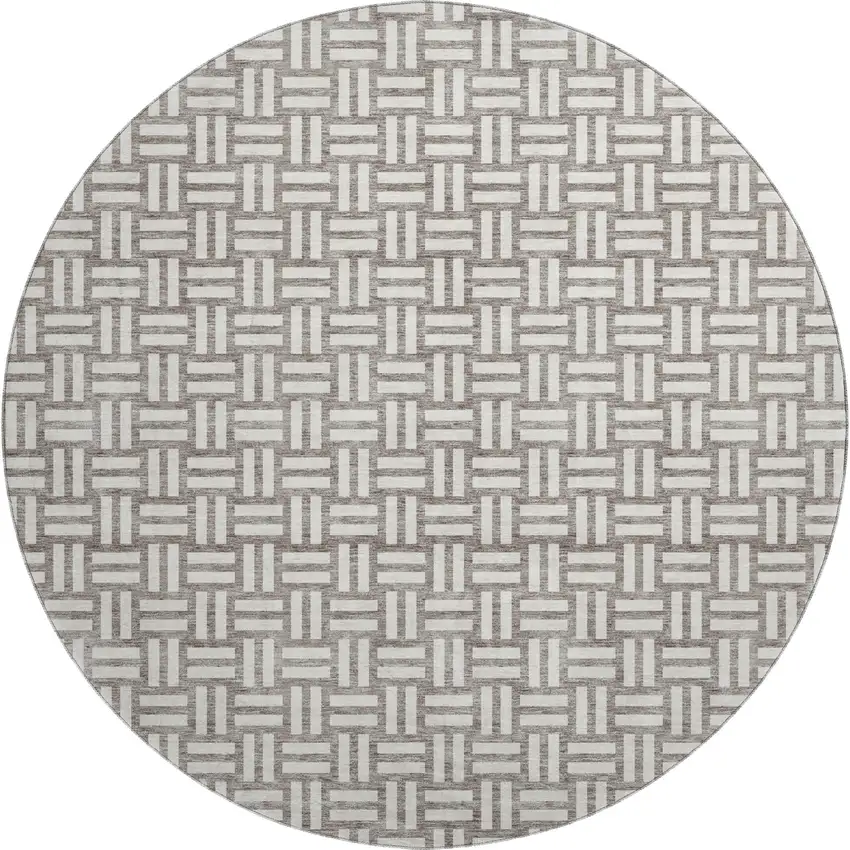 8' Taupe And Beige Abstract Geometric Washable Round Rug With UV Protection Photo 1