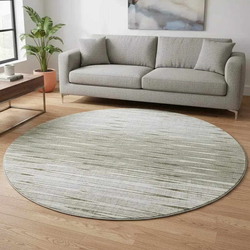 8' Taupe And Beige Abstract Washable Round Rug With UV Protection Photo 2
