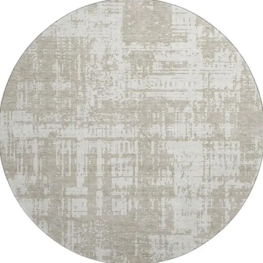 8' Taupe And Beige Abstract Washable Round Rug With UV Protection Photo 4