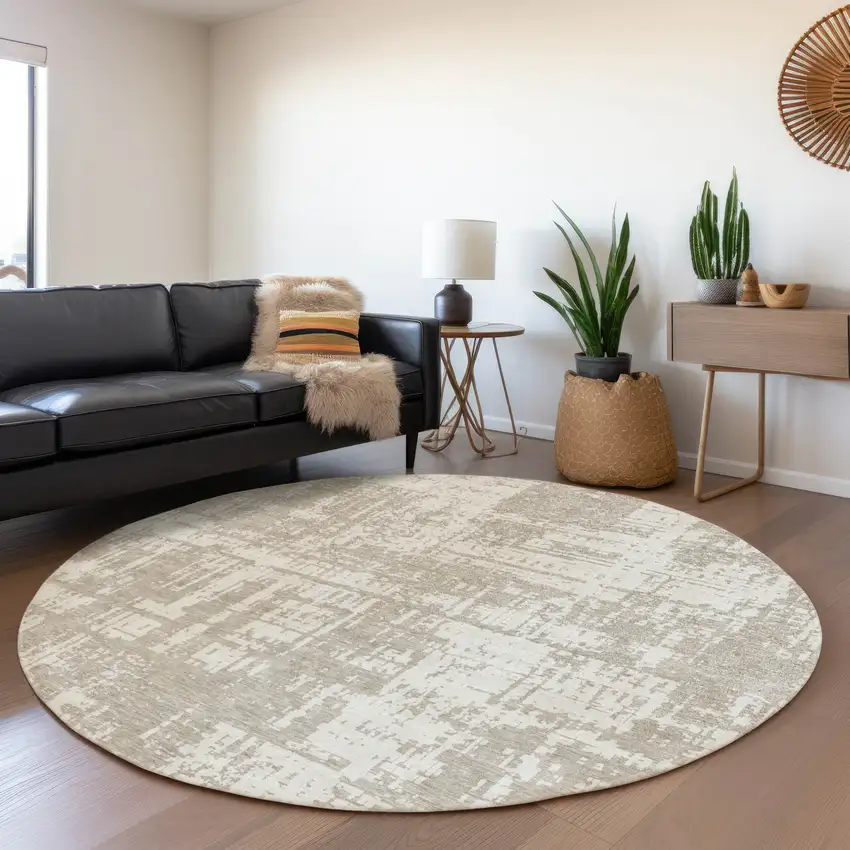 8' Taupe And Beige Abstract Washable Round Rug With UV Protection Photo 5