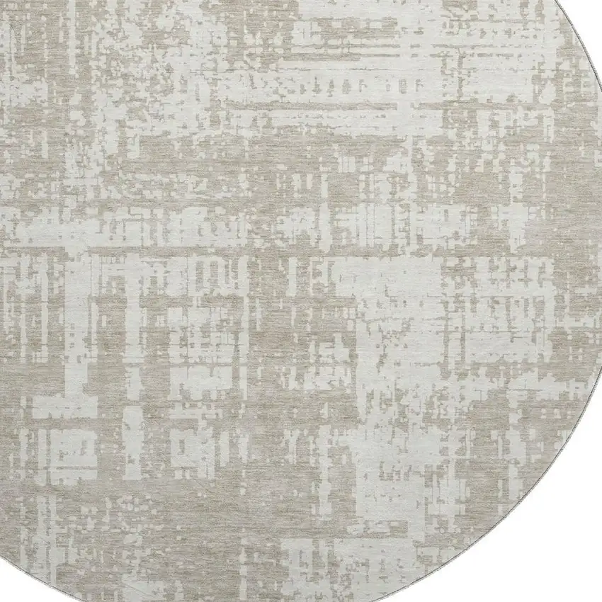 8' Taupe And Beige Abstract Washable Round Rug With UV Protection Photo 3