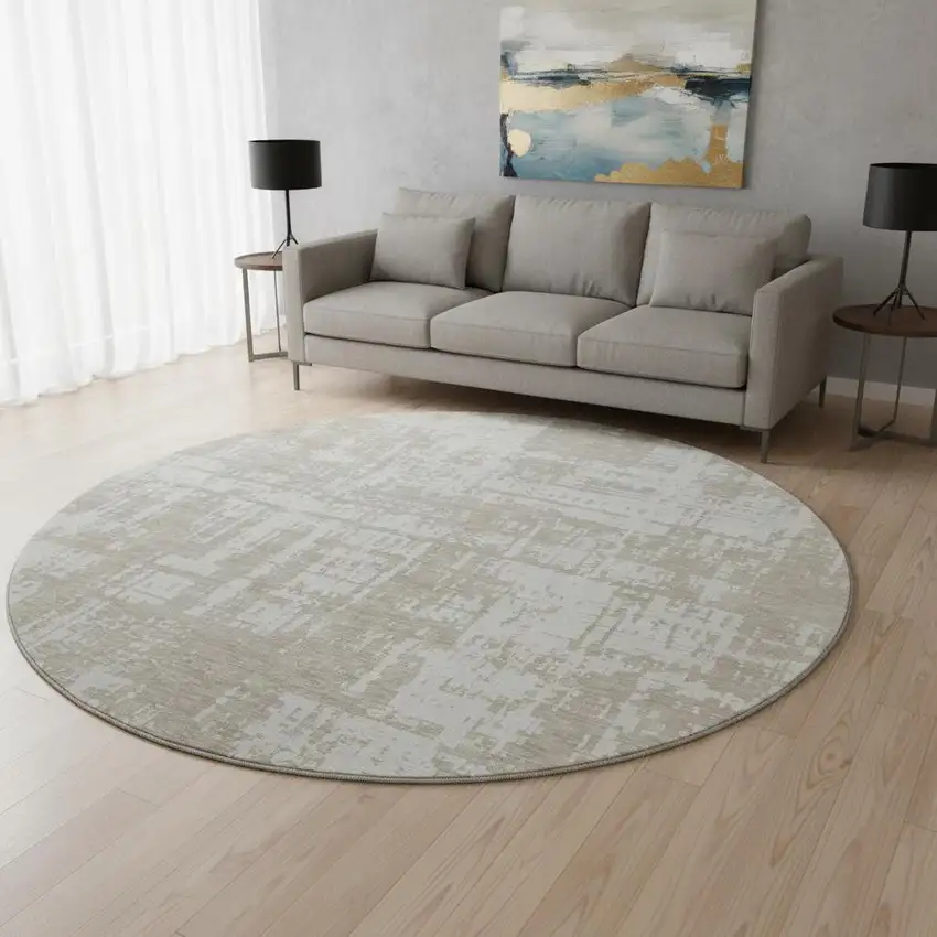 8' Taupe And Beige Abstract Washable Round Rug With UV Protection Photo 2
