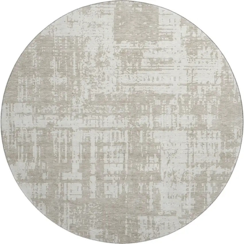 8' Taupe And Beige Abstract Washable Round Rug With UV Protection Photo 1