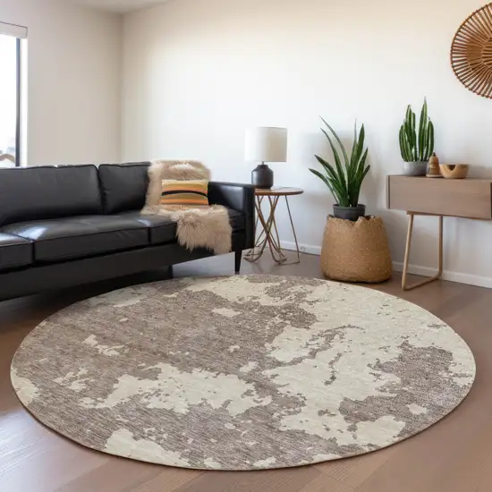 8' Taupe And Beige Abstract Washable Round Rug With UV Protection Photo 5